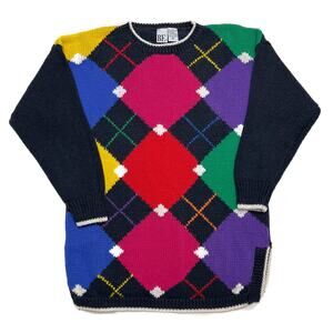 BE Vintage Multicolor Argyle Diamond Knit Sweater Women's M Rainbow Bright 80s